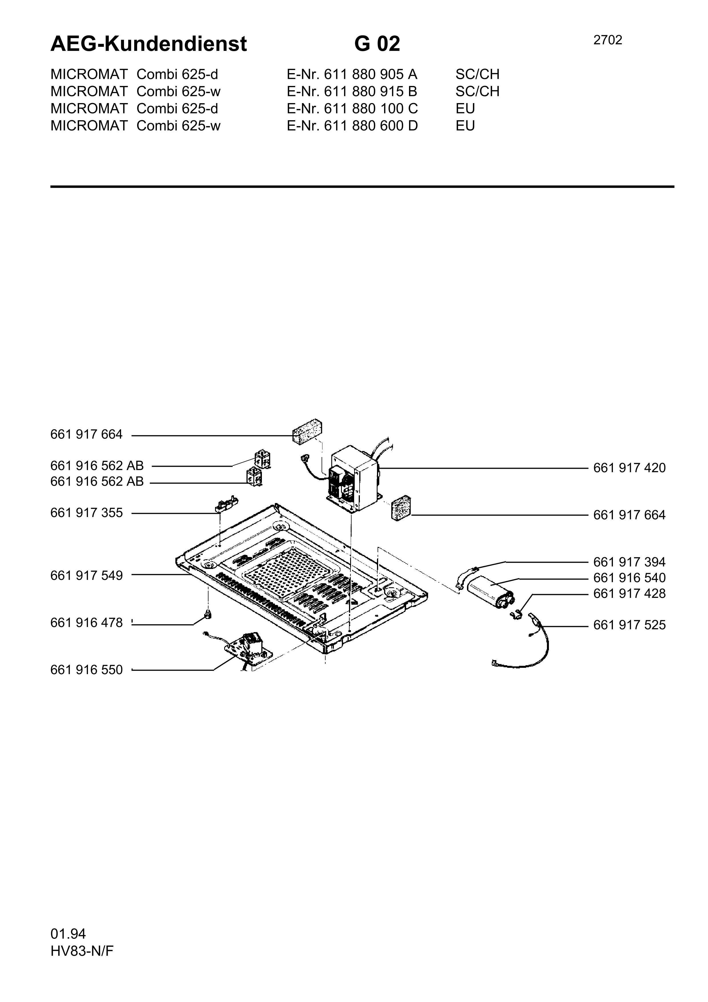 Explosionszeichnung AEG 61188090500 Micromat Combi 625 D SK/CH