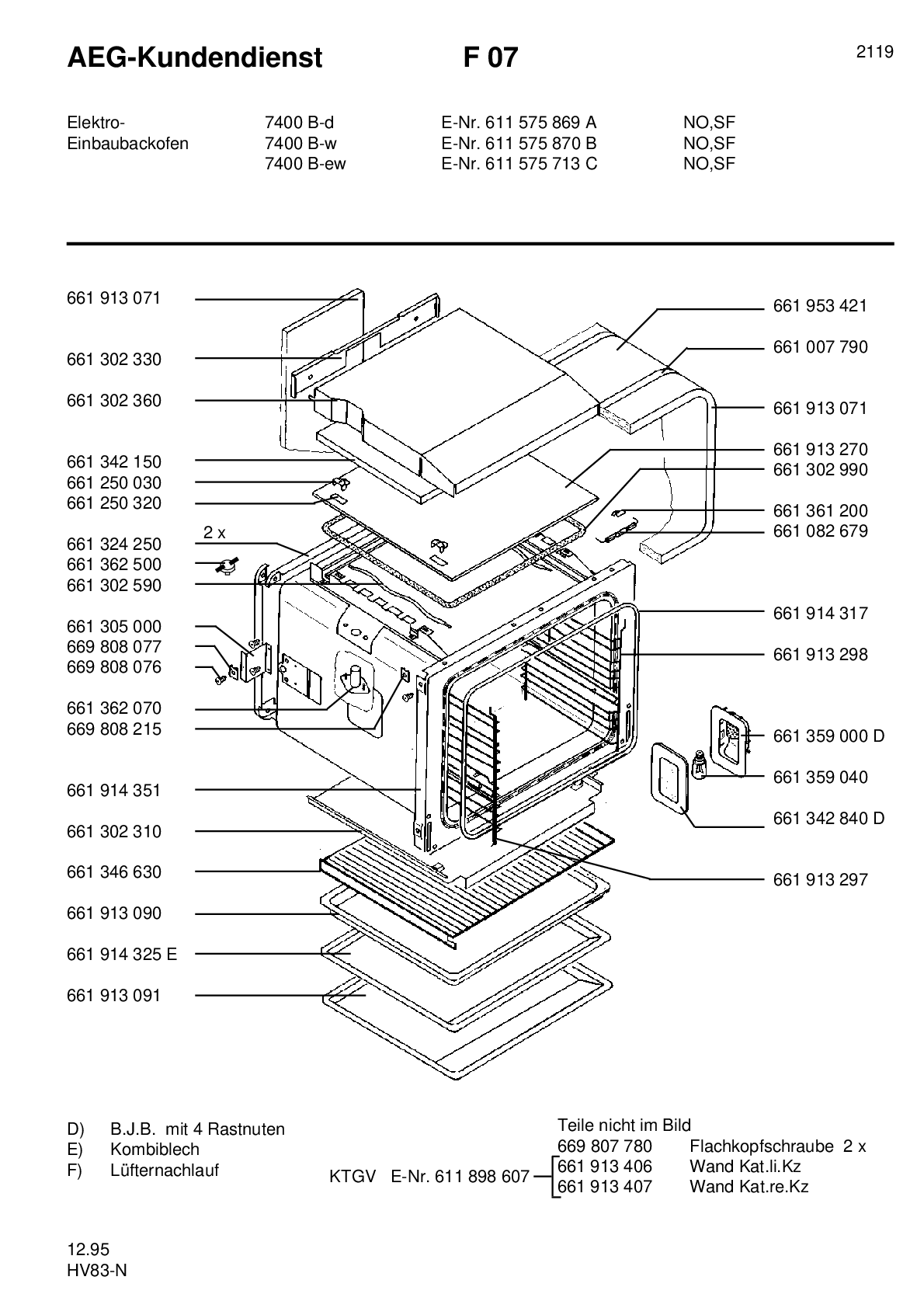Explosionszeichnung AEG 61157587000 Competence 7400 B W N SF