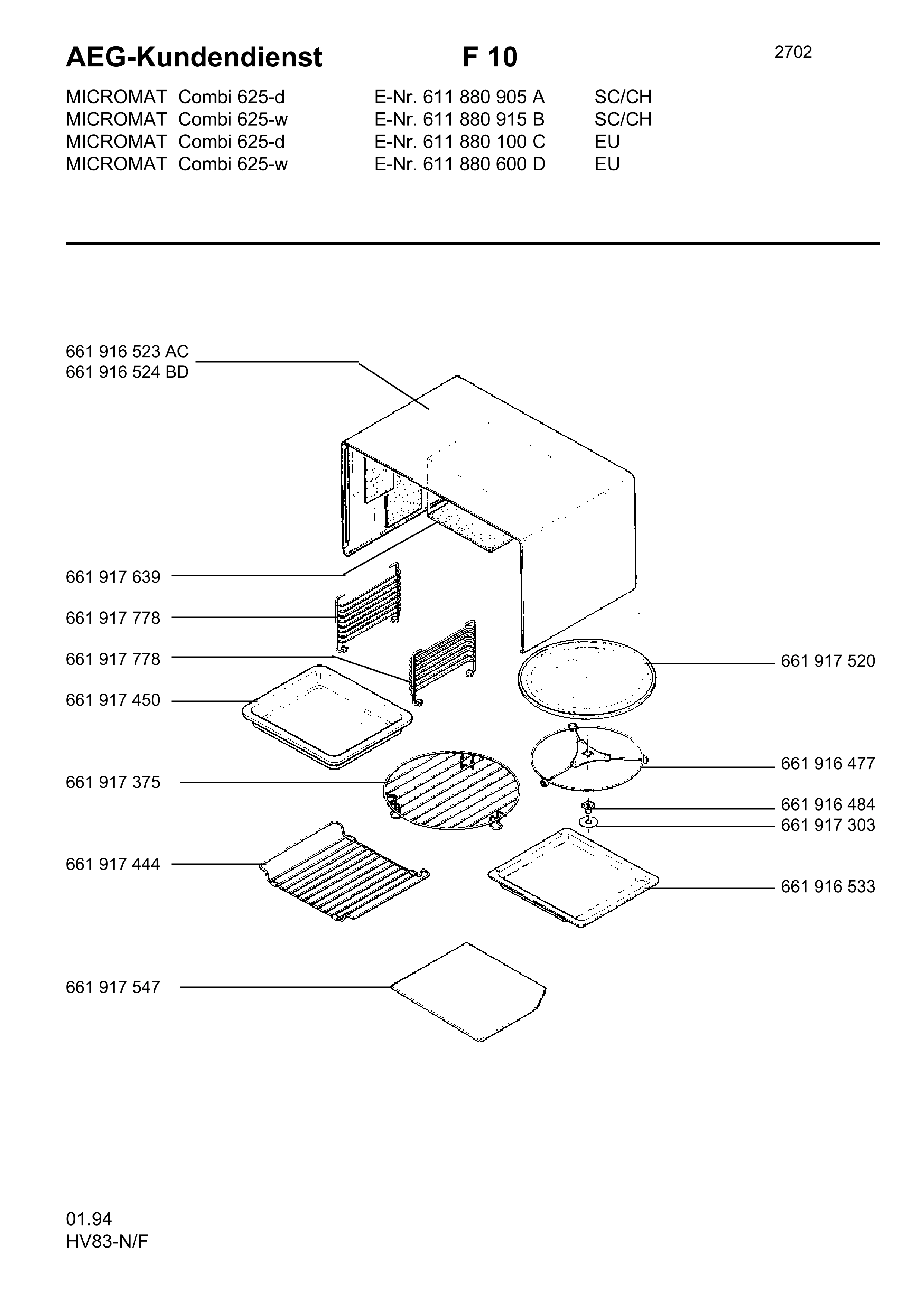 Explosionszeichnung AEG 61188090500 Micromat Combi 625 D SK/CH