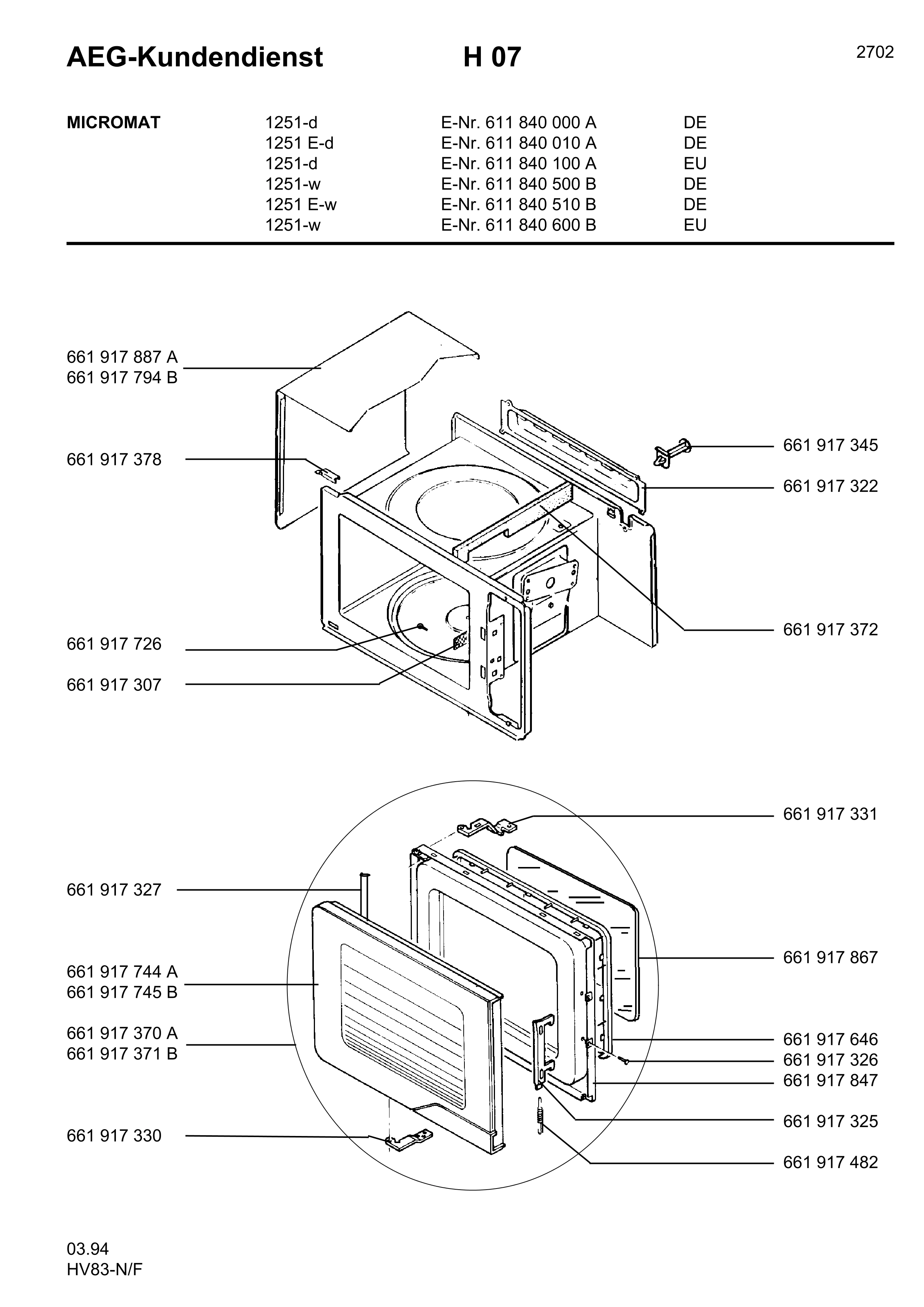 Explosionszeichnung AEG 61184060000 Micromat 1251 W Euro