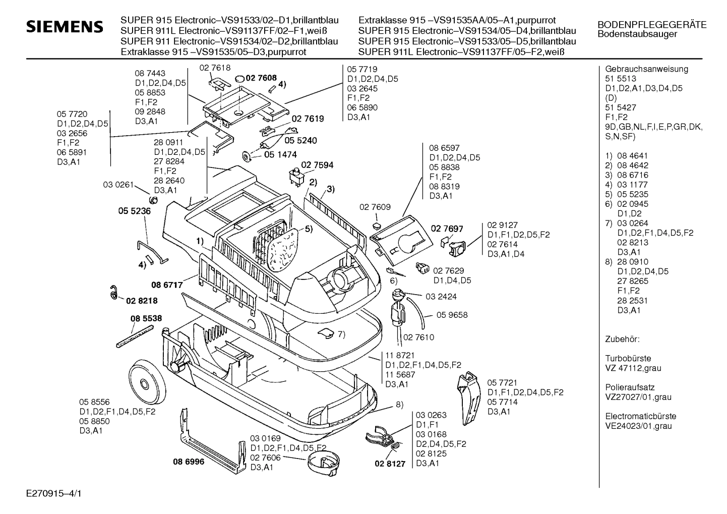 Explosionszeichnung Siemens VS91534/02 SUPER 911 ELECTRONIC