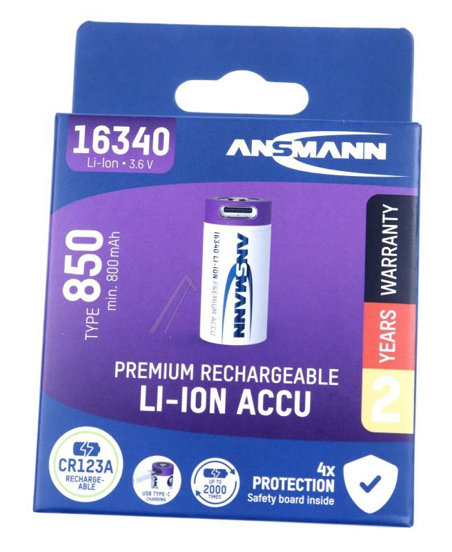 Assmann 13000015 Akku - 16340 1300-0015 liion akku 850mah mit usb-c ladebuchse