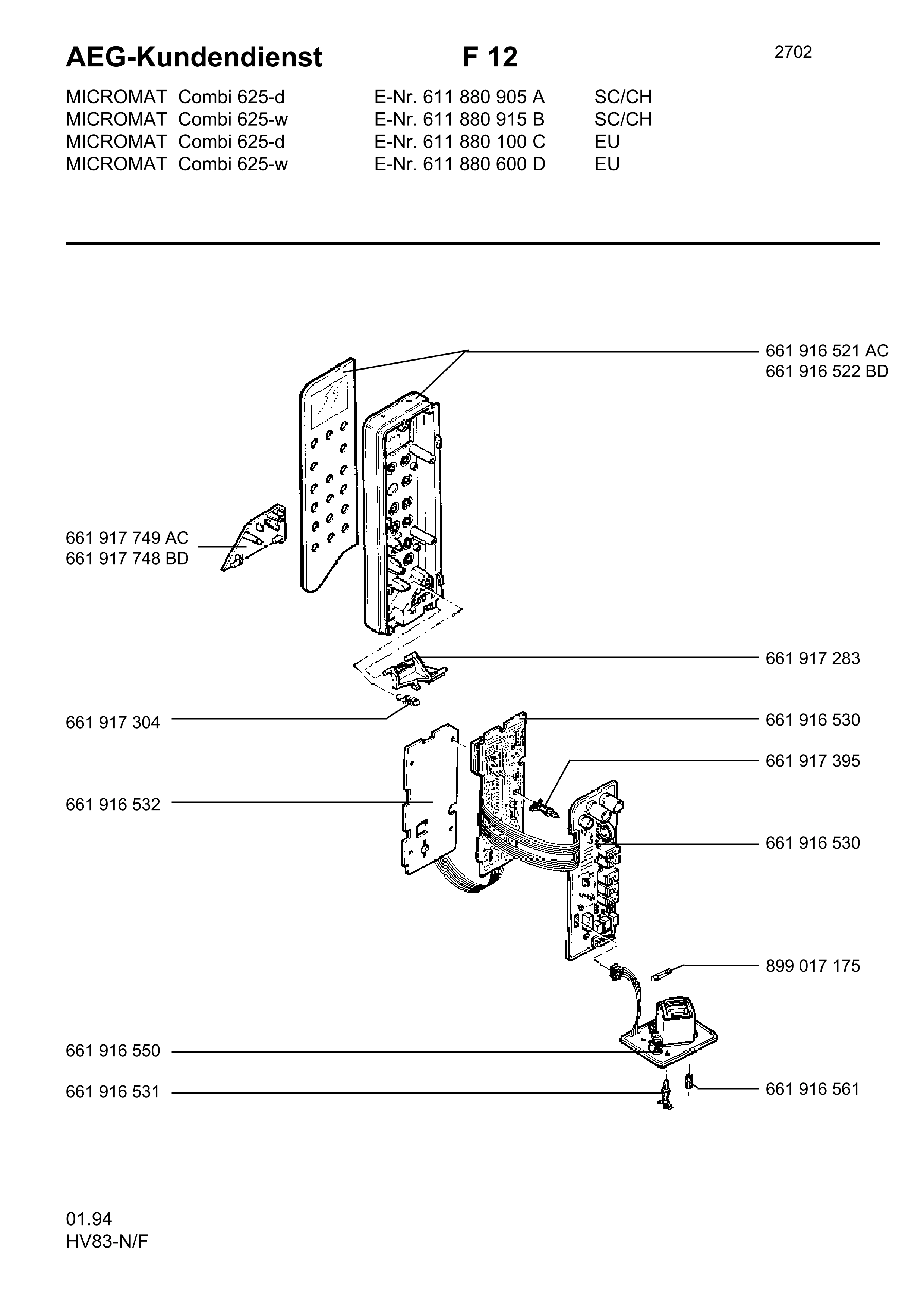 Explosionszeichnung AEG 61188090500 Micromat Combi 625 D SK/CH