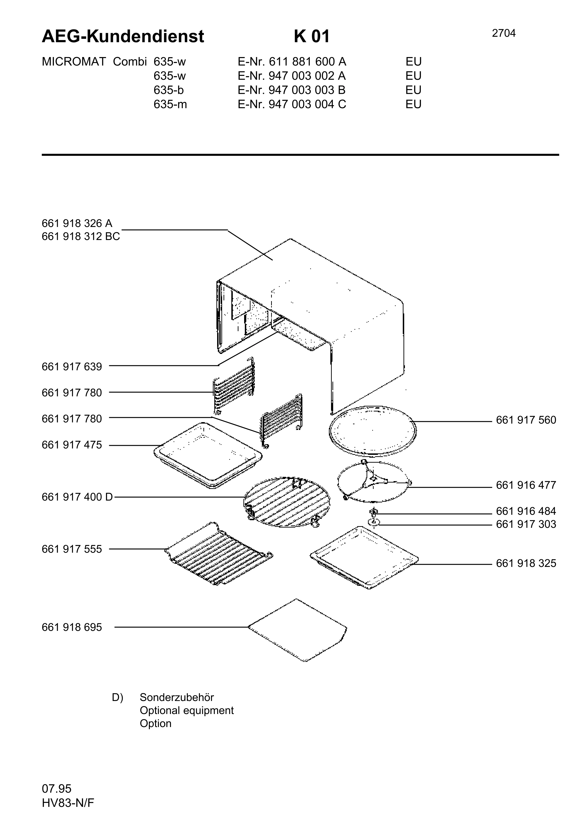 Explosionszeichnung AEG 61188160000 Micromat Combi 635 W Euro