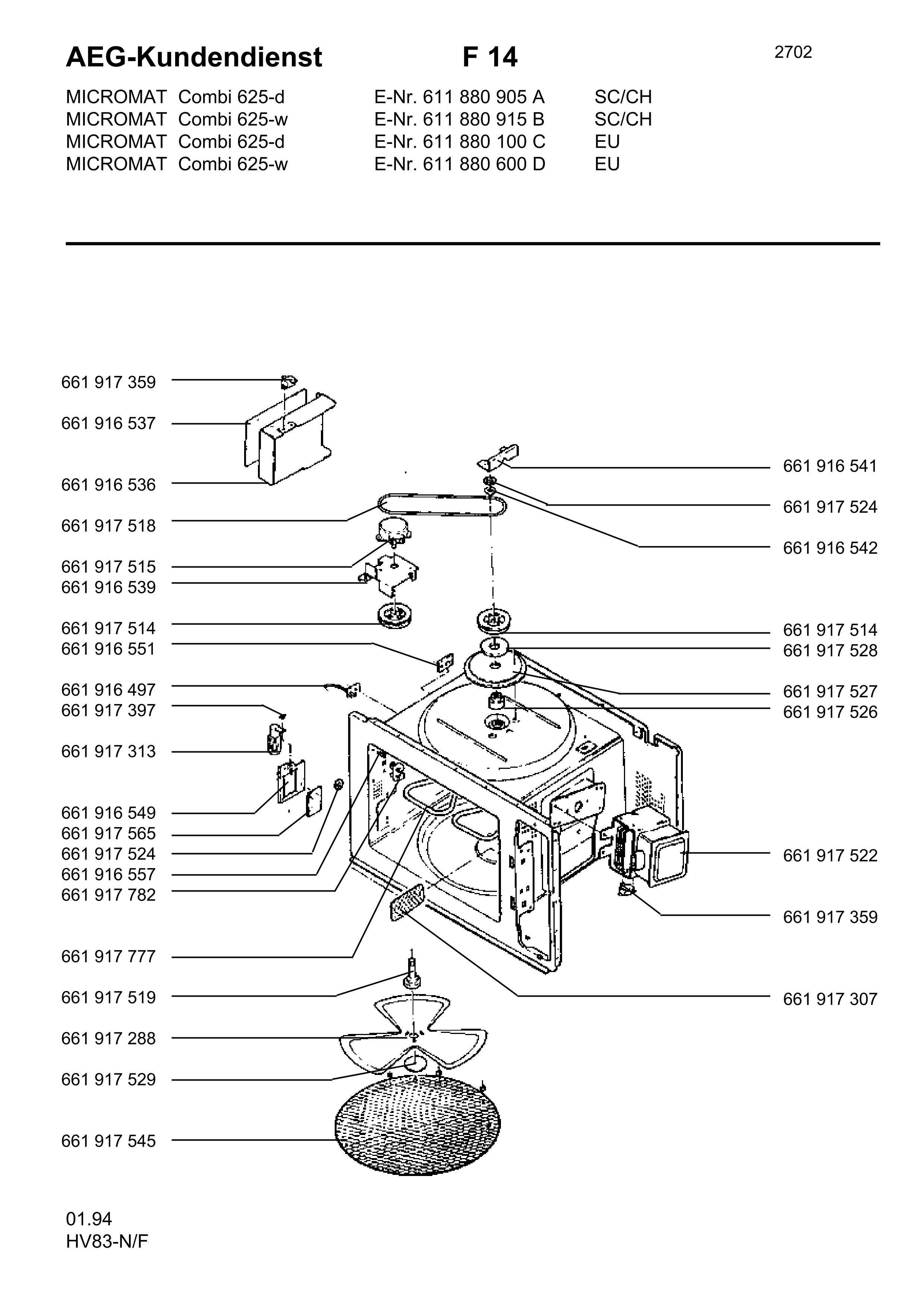 Explosionszeichnung AEG 61188090500 Micromat Combi 625 D SK/CH