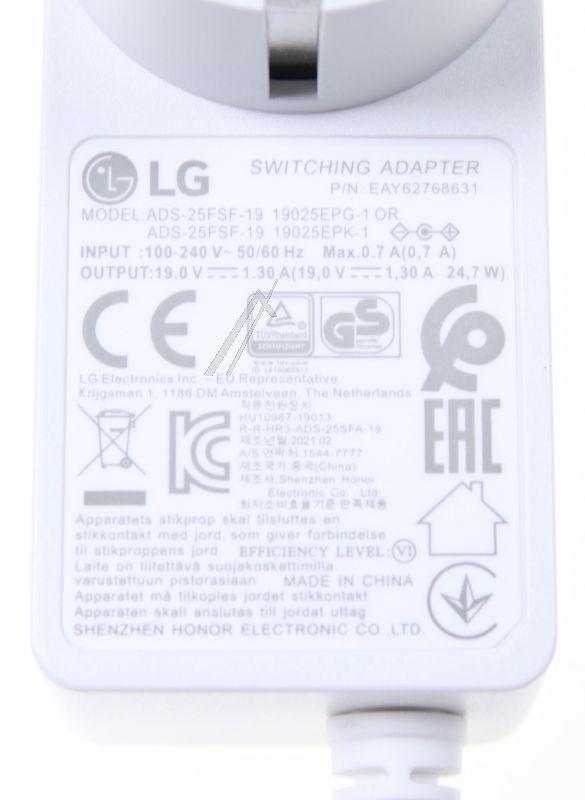 LG EAY62768631 - Adapters ads-25fsf-19 19025epg-1(white) 100to240vac 19vdc 1.3a 47to63hz ce kr/eu wall 3p dc pin plug efficiency lv6,whit