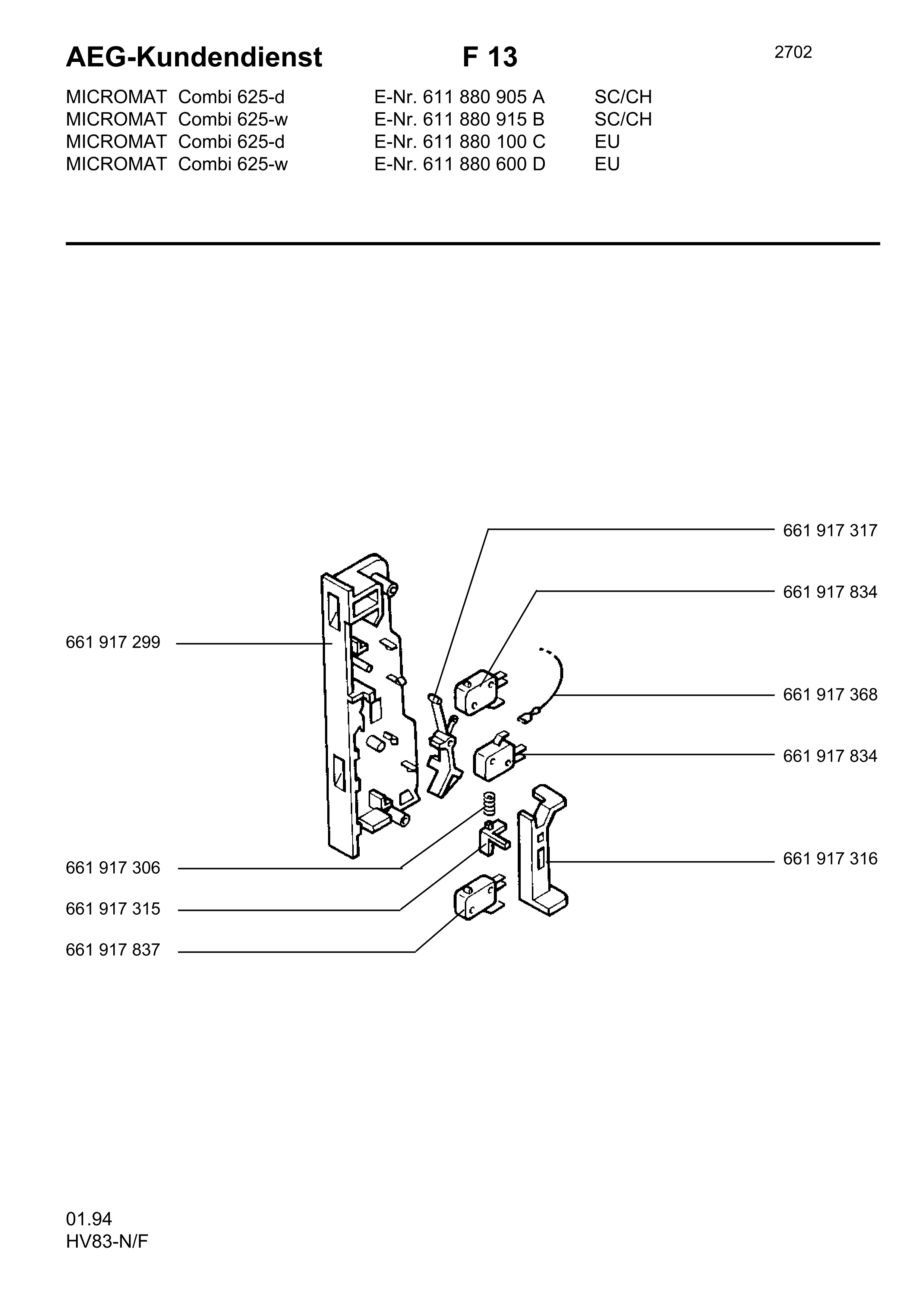 Explosionszeichnung AEG 61188090500 Micromat Combi 625 D SK/CH